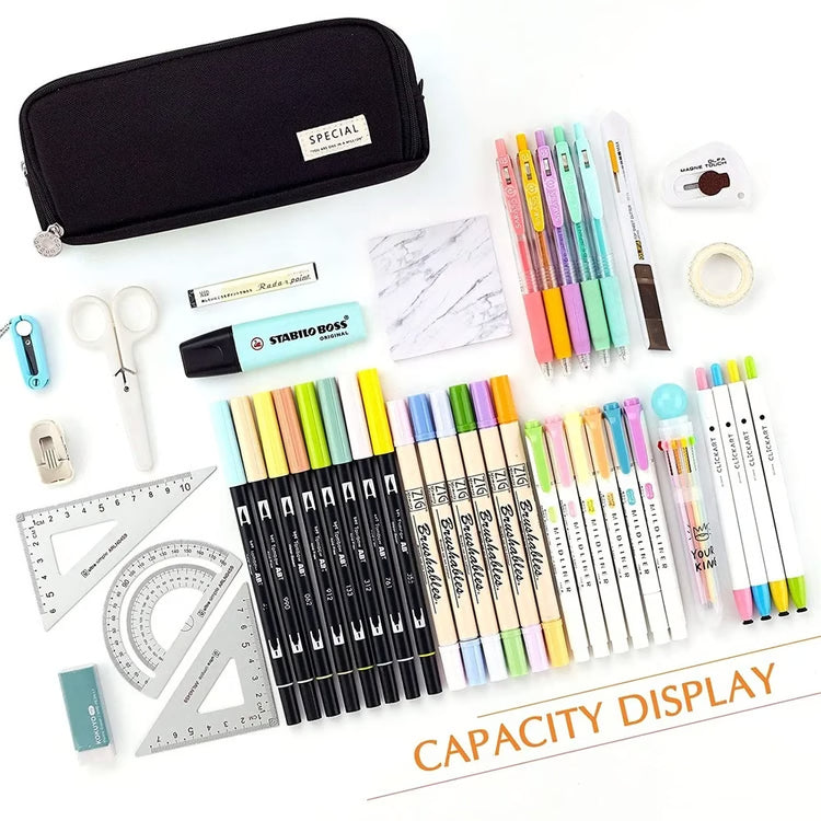 Large Pencil Case Storage Organizer, 3 Compartment Student Pouch, Double Side Opened School Supplies Gift