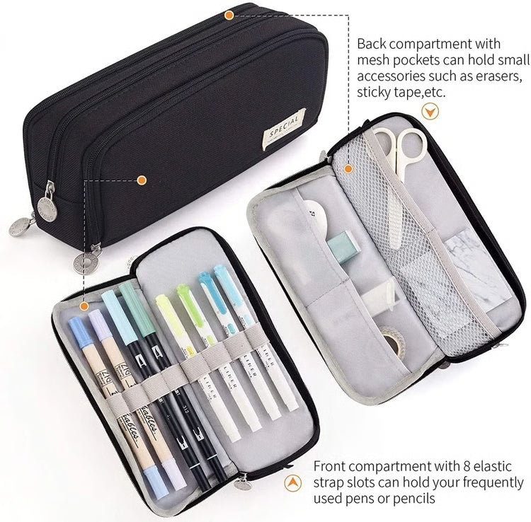 Large Pencil Case Storage Organizer, 3 Compartment Student Pouch, Double Side Opened School Supplies Gift