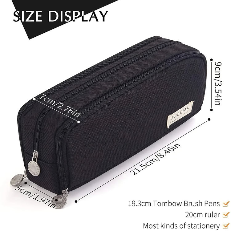 Large Pencil Case Storage Organizer, 3 Compartment Student Pouch, Double Side Opened School Supplies Gift