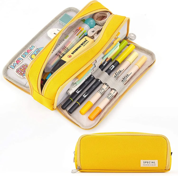 Large Pencil Case Storage Organizer, 3 Compartment Student Pouch, Double Side Opened School Supplies Gift